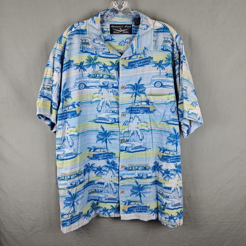 Newport Blue Shirt Mens XL Blue Aloha Hawaiian Surf Car Button Up Short Sleeve